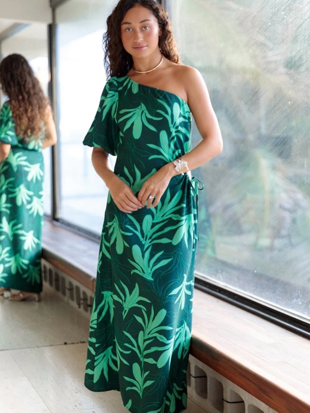 Fighting Eel One-Shoulder Green Tropical Print Maxi Dress